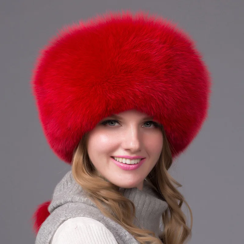 

Fall and Winter 2019 Foreign Trade Fox Fur Cap Lady Warm Big Round Cap,Great Mongolian hat with thick fox hair winter hats