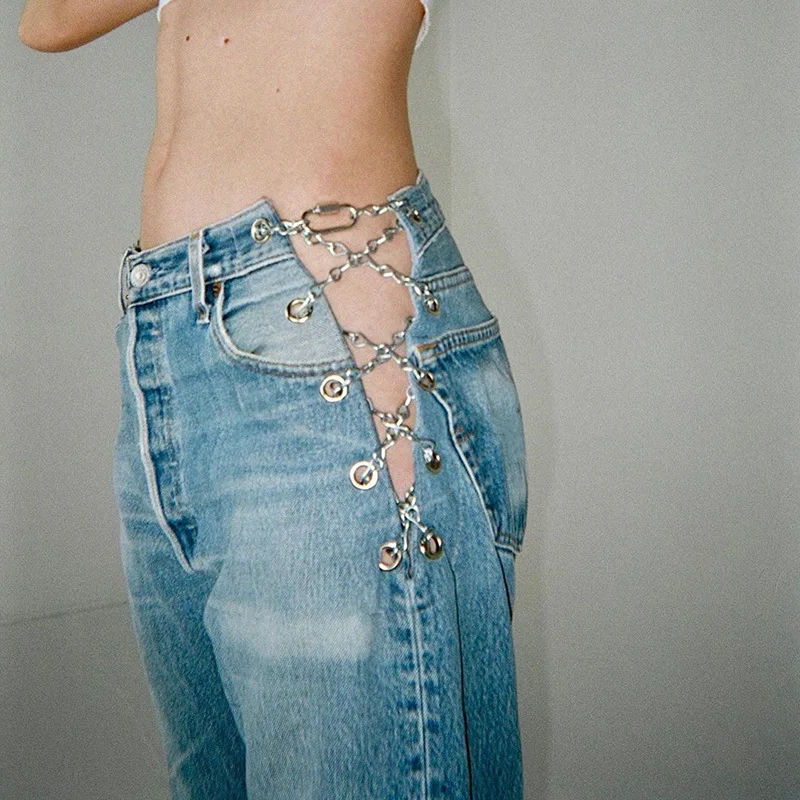 

high-waistedsexy side chain with Hollow-out jeans for women versatile slim straight pants