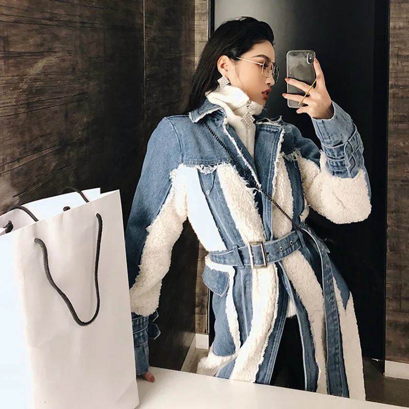 TWOTWINSTYLE Hit Color Patchwork Denim Tassel Trench Coats For Women Lapel Collar High Waist Sashes Windbreakers Autumn New