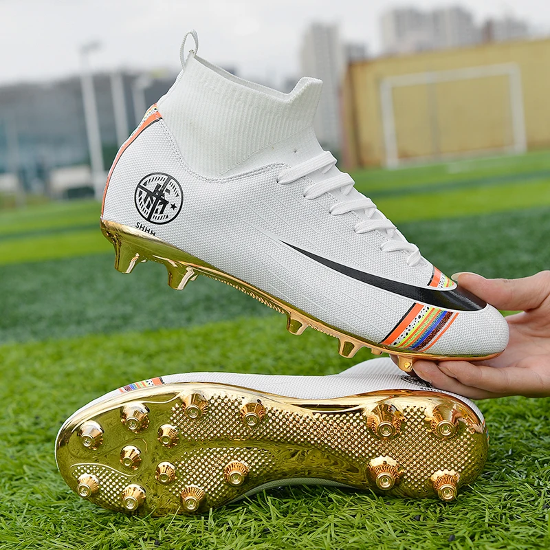 Gold plated bottom Boys Soccer Shoes High Top Kids Football Boots Men Breathable Cleats Antiskid Chaussure | Спорт и развлечения