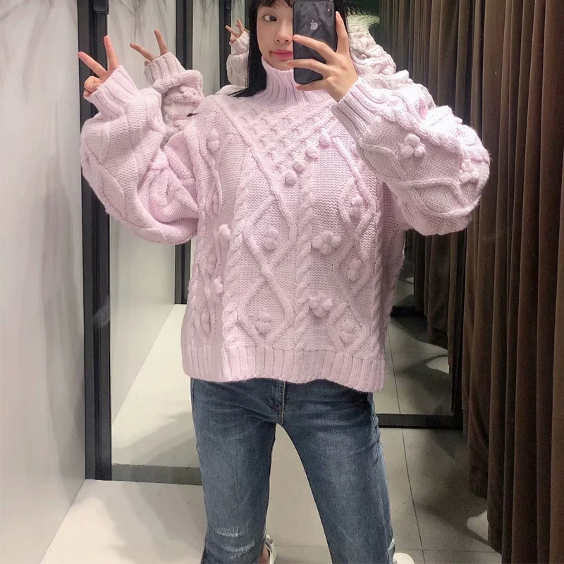 

Fall Za Pink Knitted Woman Sweaters With Pompoms Turtleneck Oversized Cropped Sweater Women Long Sleeve Ribbed Trim Pullover