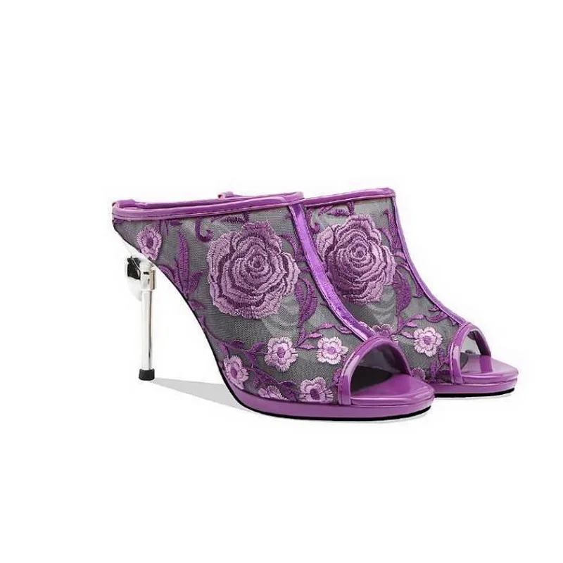 

2020 New High Heels Slippers Woman Outdoor Wearing Peep toe Women Slides Summer Shoes Embroidery Flower For European Female Blue