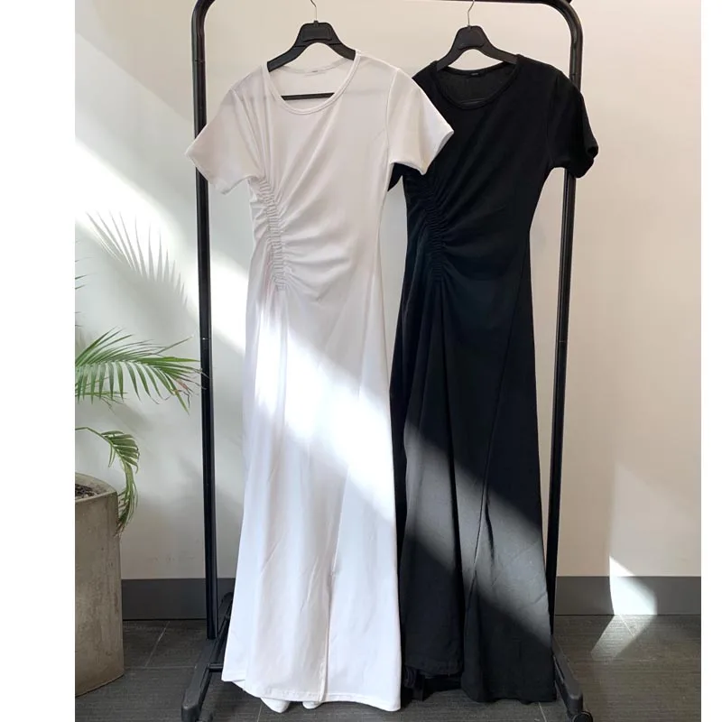 

Casual Basic White O Neck Short Sleeve T Shirts Dress Women Pleated Waist Slim Black Short-Sleeved All-Match Dresses 2021 Summer