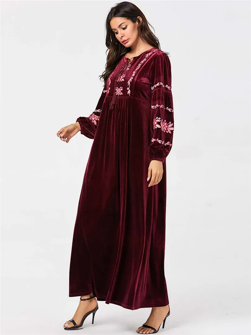 Арабское золото бархат вышитые абайя Зима красное вино зеленый мусульманское