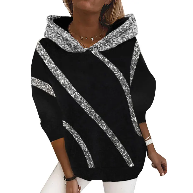 

Women 2021 Spring Elegant Color Print Sweatershirt Autumn Winter Fashion Sequin Design Hooded Top Casual Long Sleeve Streetwear