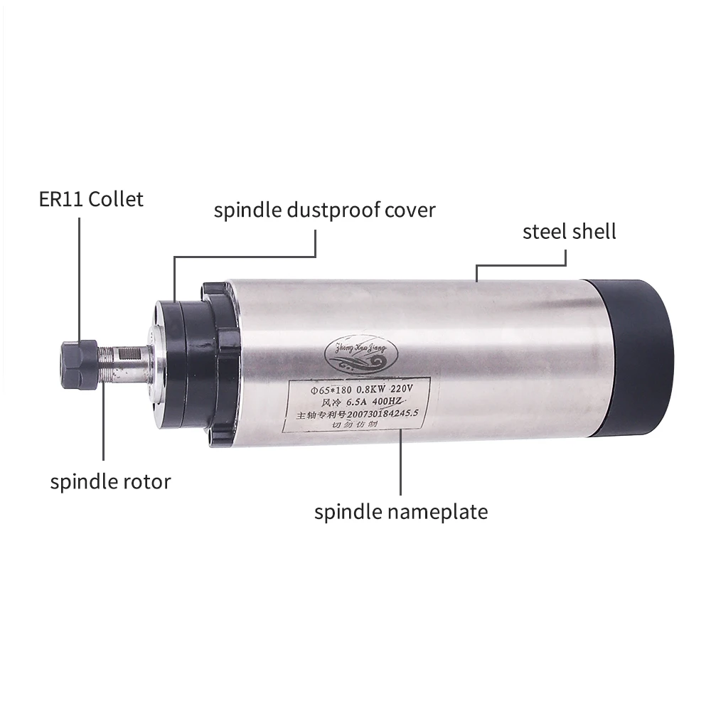 0.8KW 220V мотор шпинделя воздушного охлаждения CNC 800W 65mm ER11 с 4 подшипниками с воздушным охлаждением шпиндель для гравировального фрезерного станка