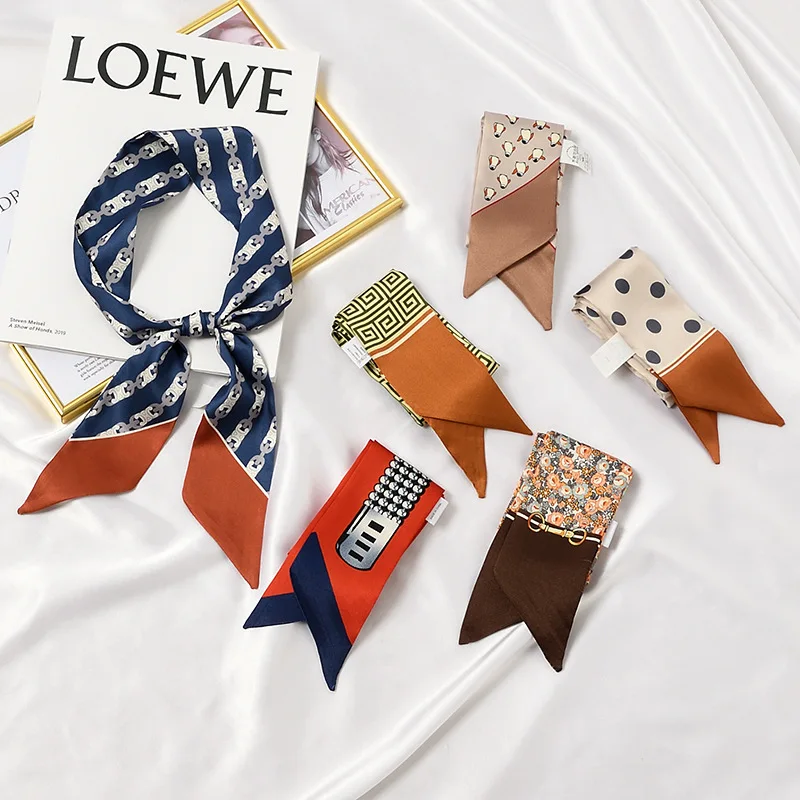 

Animal Dot Flowers Print Patchwork New Women Brand Bag Handle Silk Scarf 6x100 cm Long Head Skinny Handle Bag Scarves Wraps 2021