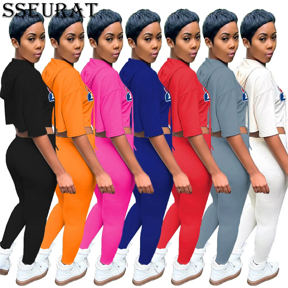 

SSEURAT Women Set Print Half Sleeve Hooded Collar Crop Tops Pants Two 2 Piece Sets Outfits Tracksuit Autumn