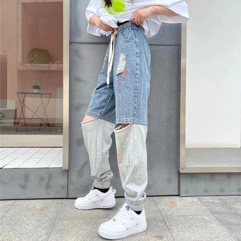 

CHICEVER Straight Denim Pant For Women High Waist Drawstring Designer Hole Plus Size Streetwear Jeans Female 2021 Spring Clothes