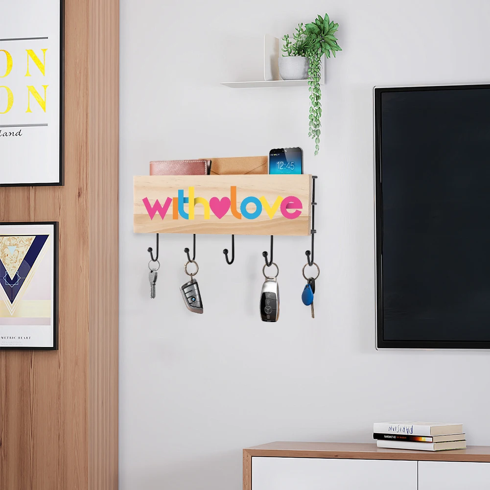 

Hanging Hooks Storage Key Holder Wood Wall Shelf Witih Love Decoration Accessories for Living Room Rack Shelf Cute Room Decor