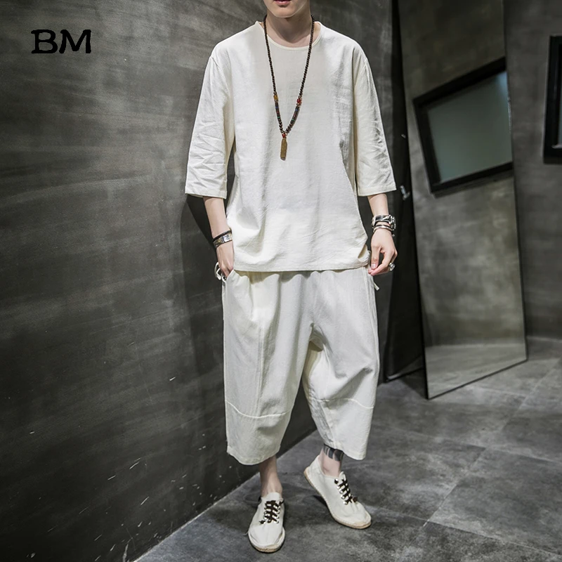 Мужской льняной костюм с вышивкой свободный брючный в китайском стиле весна-лето