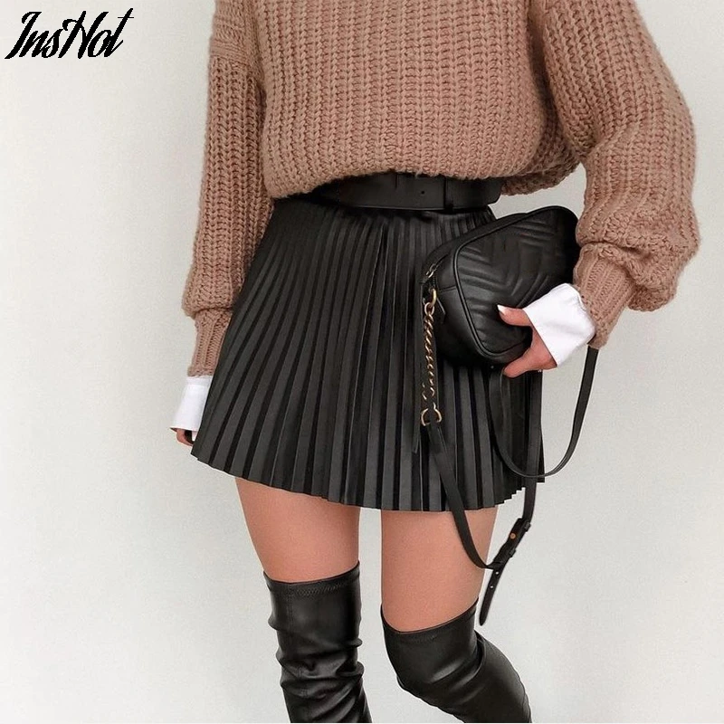 

Fashion Black Women Pleated Skirt A-line High Street Sexy Mini Skirt 2021 Autumn Winter High Waist Short Skirts Female