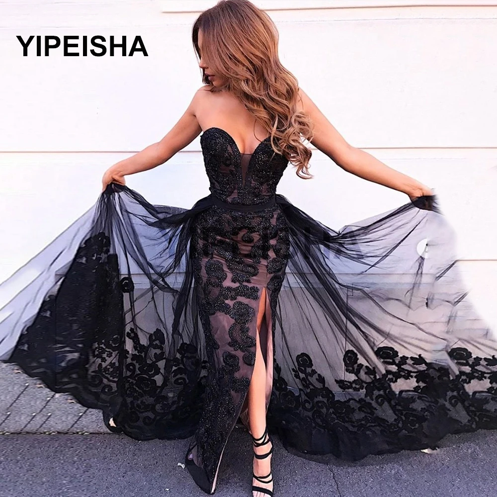 

2021 Sexy Strapless Backless Evening Dress Lace Appliques Tulle See-Through Floor Length Prom Party Gown robes de soirée
