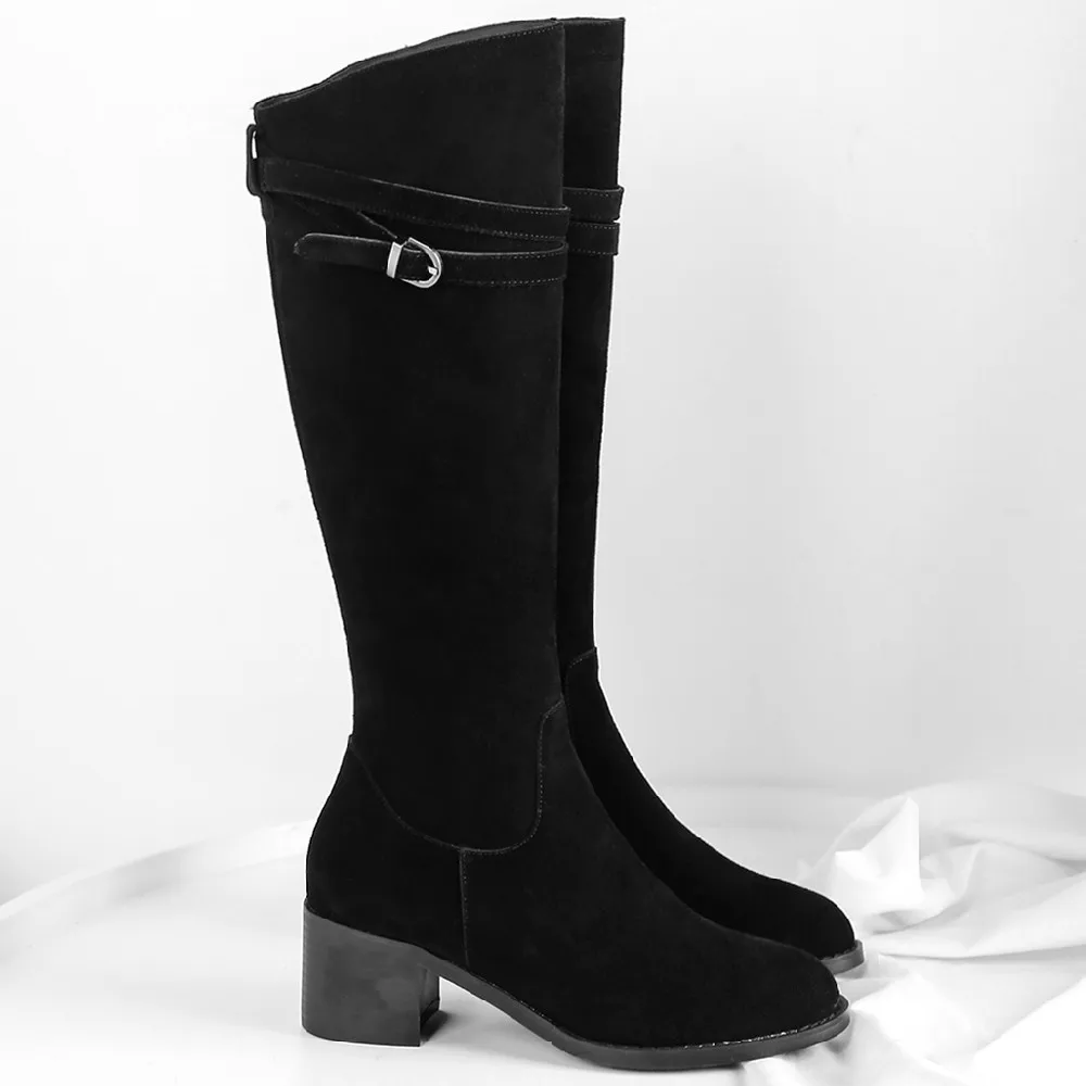 

Women's natural suede leather thick high heel round toe winter warm plush knee high boots metal buckle comfort knight boots shoe