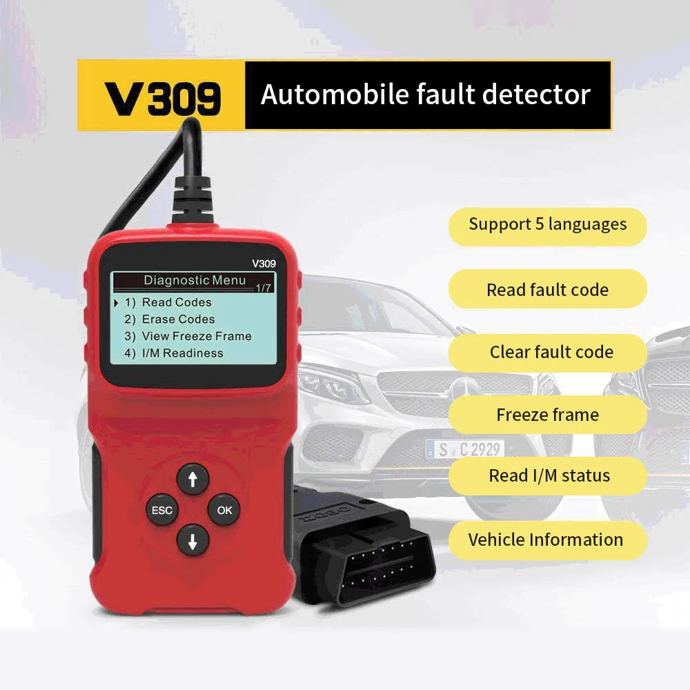 

8-15.5V Multiple Languages V309 Car Auto Fault Diagnostic Scanner OBD OBD2 ELM327 Code Reader Check Tool