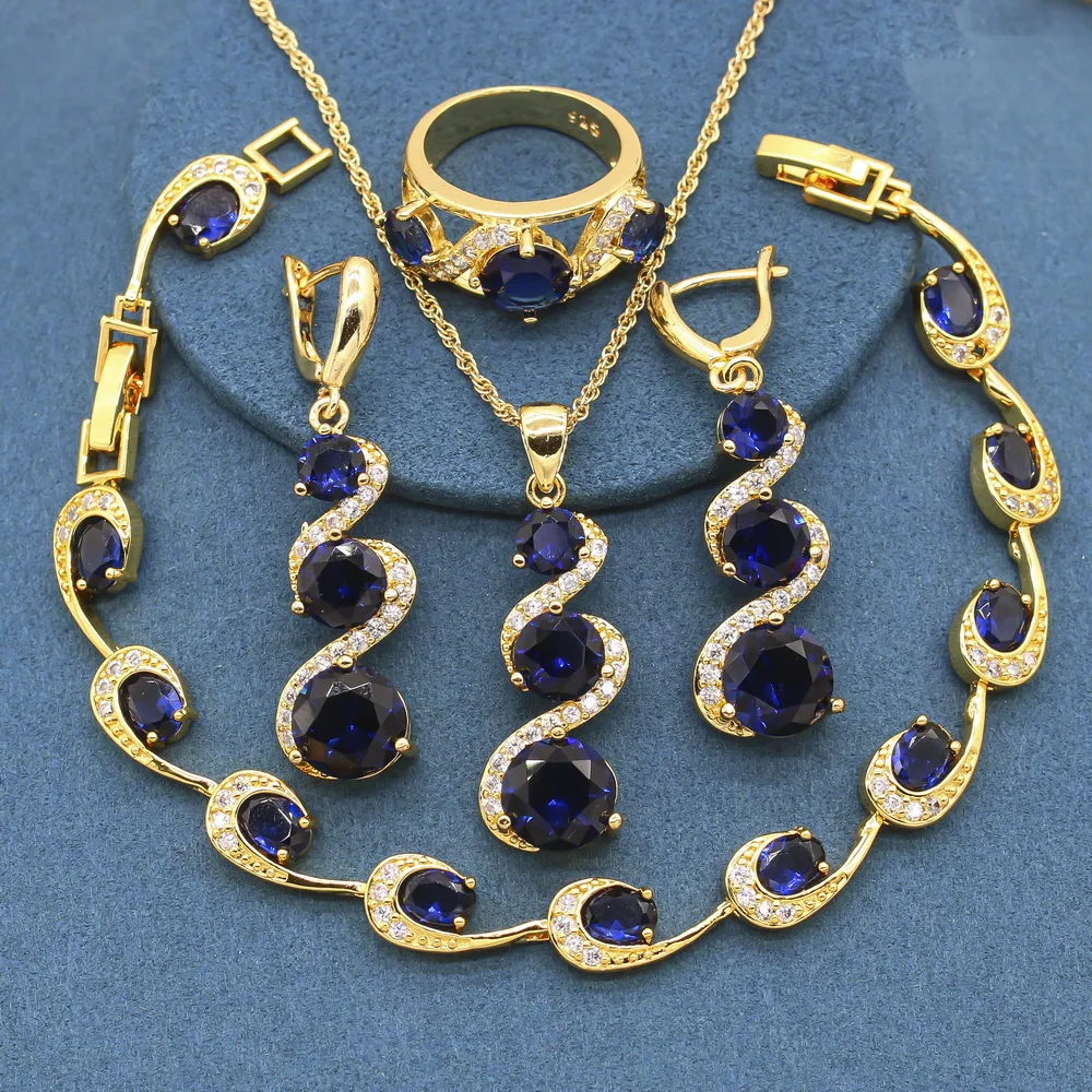 

Trendy Gold Color Jewelry Sets for Women Blue White Green Zircon Bracelet Ring Long Earrings Necklace Pendant New