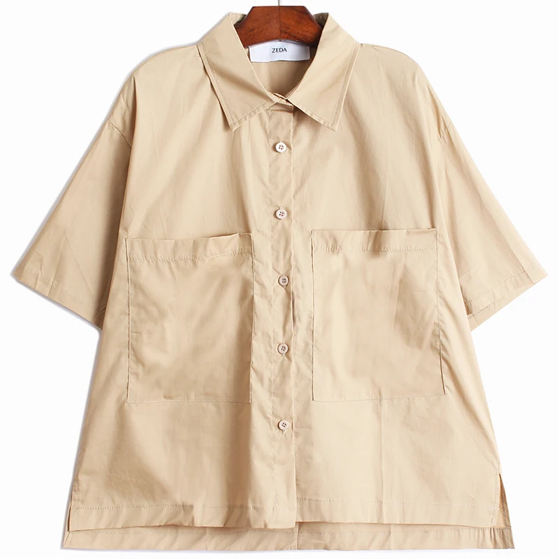 

VANOVICH Pocket Summer New 2021 Solid Color Shirt Women Half Sleeve Ladies Blouses and Tops Fashion Women Clothing