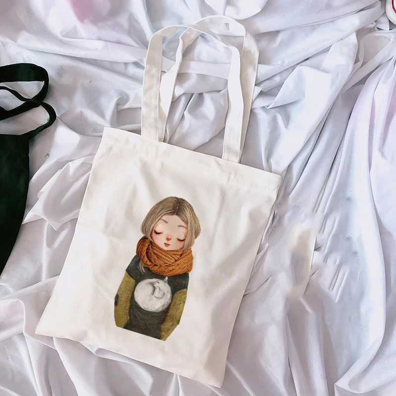 

Cartoon Bolsa De Compras Shopper Shoulder Bags Reusable Shopping Bag Fashion Women Canvas Tote Bags Yoga Gril Printing Bag