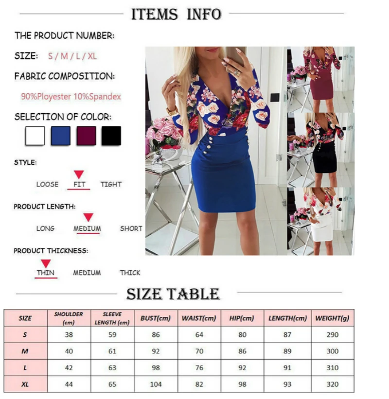 

Elegant Women Dress Deep V Neck Sexy Dresses Floral Button Bodycon Long Sleeve Dress OL Party Mini Dress Autumn Casual Dress