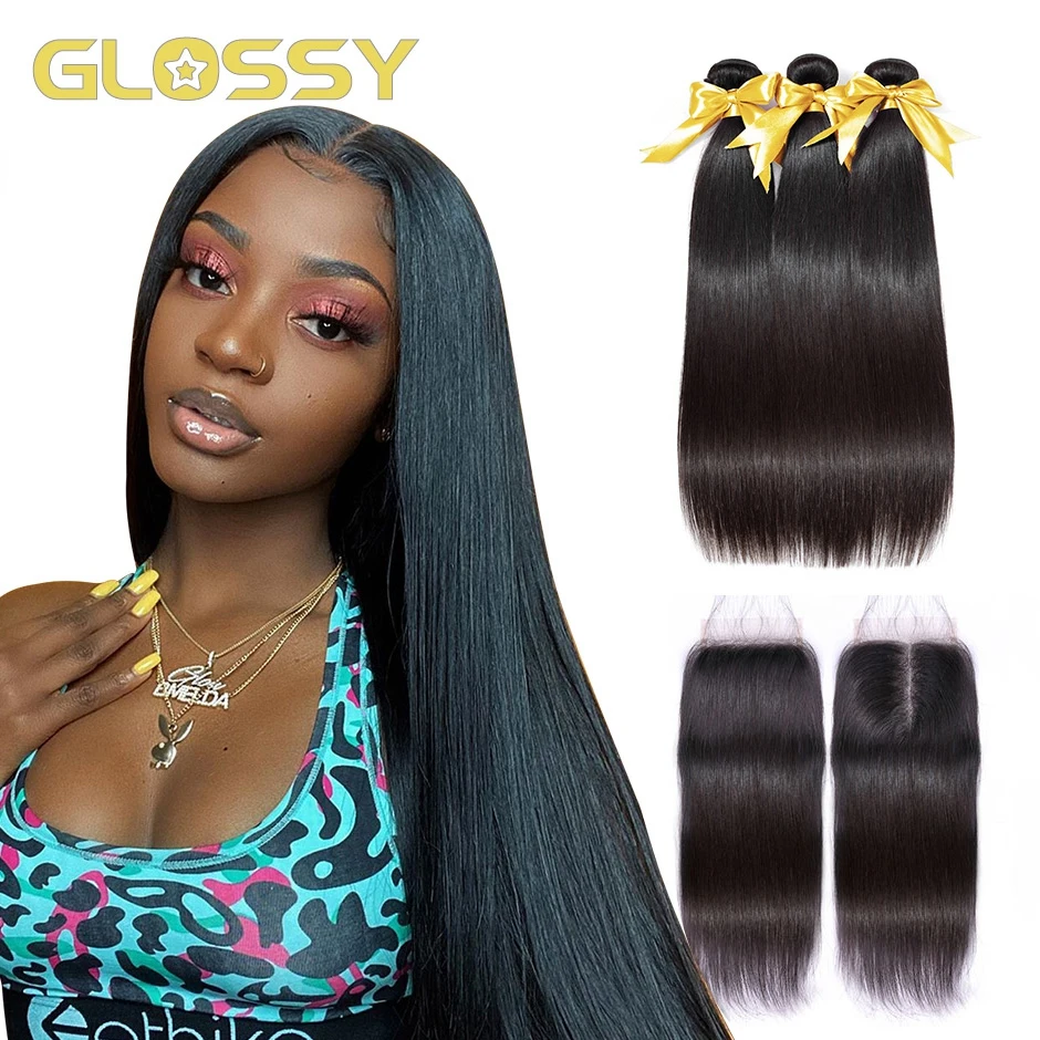 Прямые волосы пряди с закрытием натуральный черный Цвет 100% бразильские