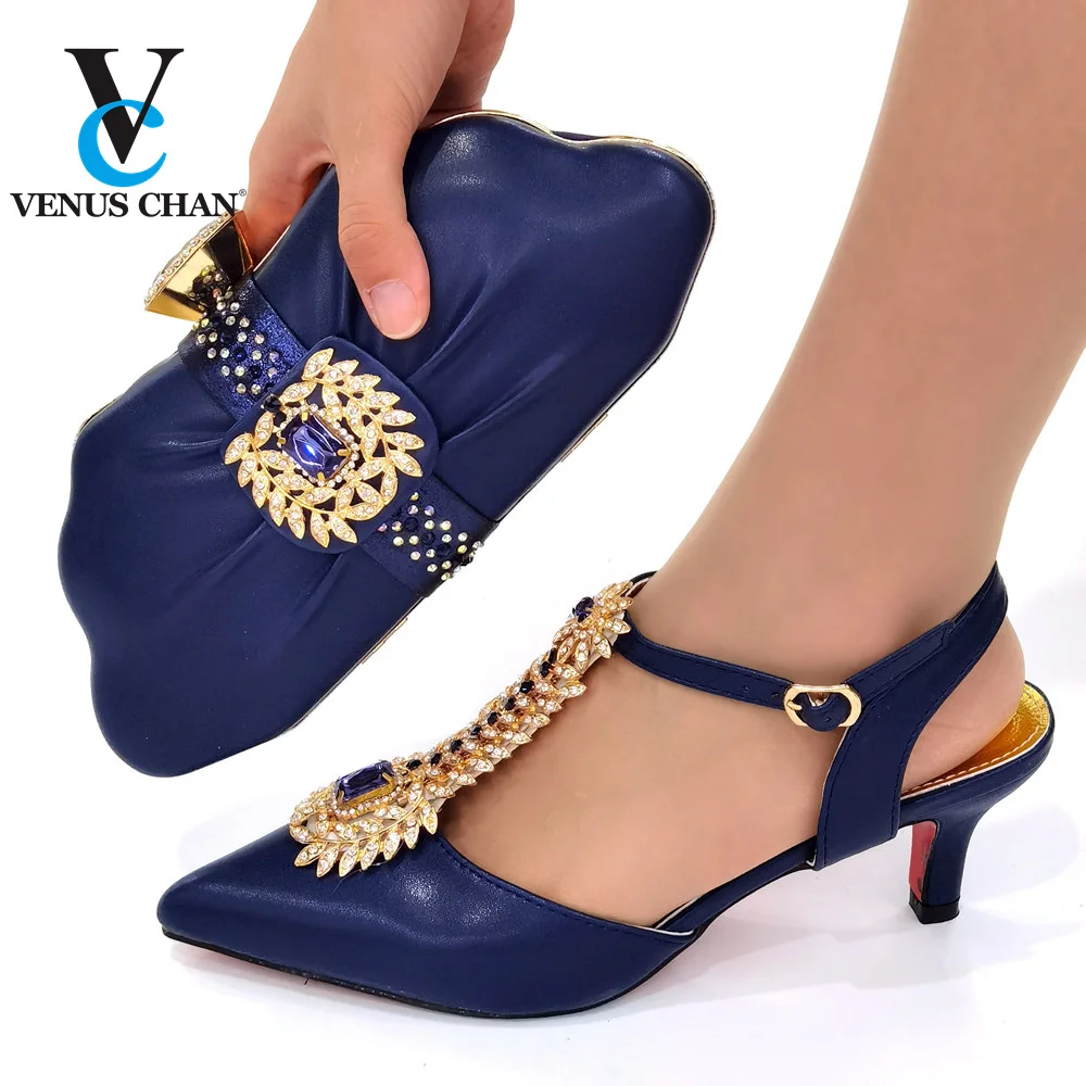 

Deep Blue High Quality African Ladies Shoes and Bag to Match 2021 Spring Special Design High Heels Comfortable Sandals
