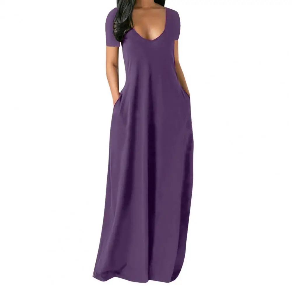 

Women Maxi Dress Summer Casual Deep V-neck Solid Color Long Dress Short Sleeve Thin A-Line Dress Streetwear Ladies Vestidos