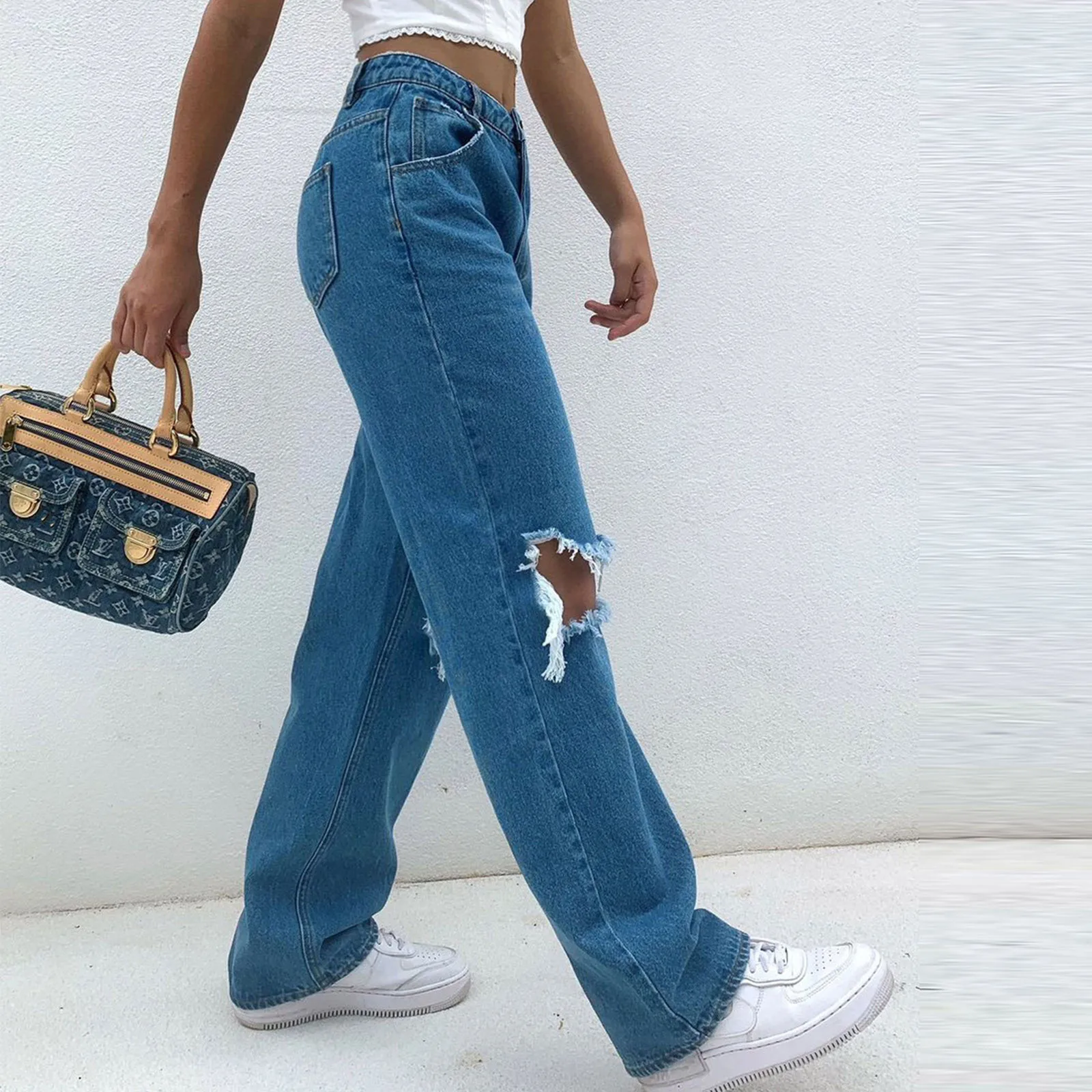 High Waist Jeans Women Sexy Hole Straight Denim Pants Loose Casual High Street Denim Trousers Pantalon