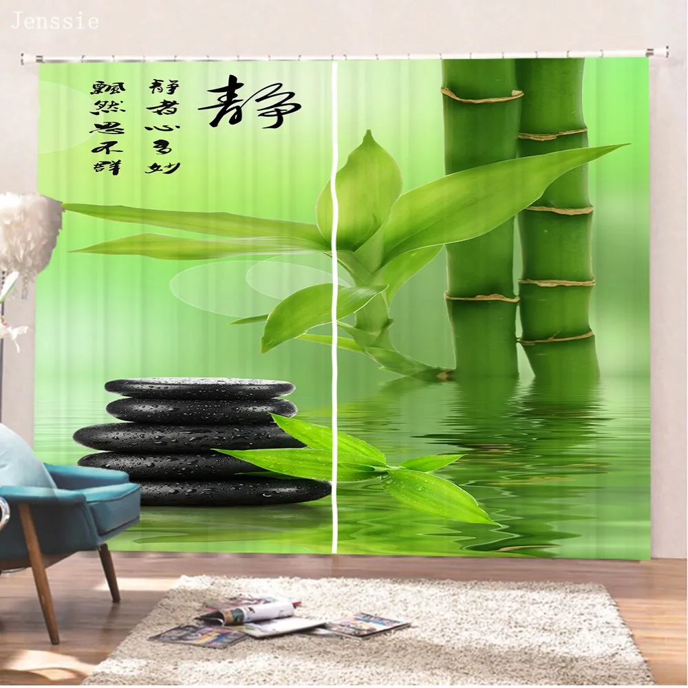 

Green Bamboo Water Stone Print Window Curtains For Living Room Bedroom Decorative 2 Panels Kitchen Curtains Drapes Treatments