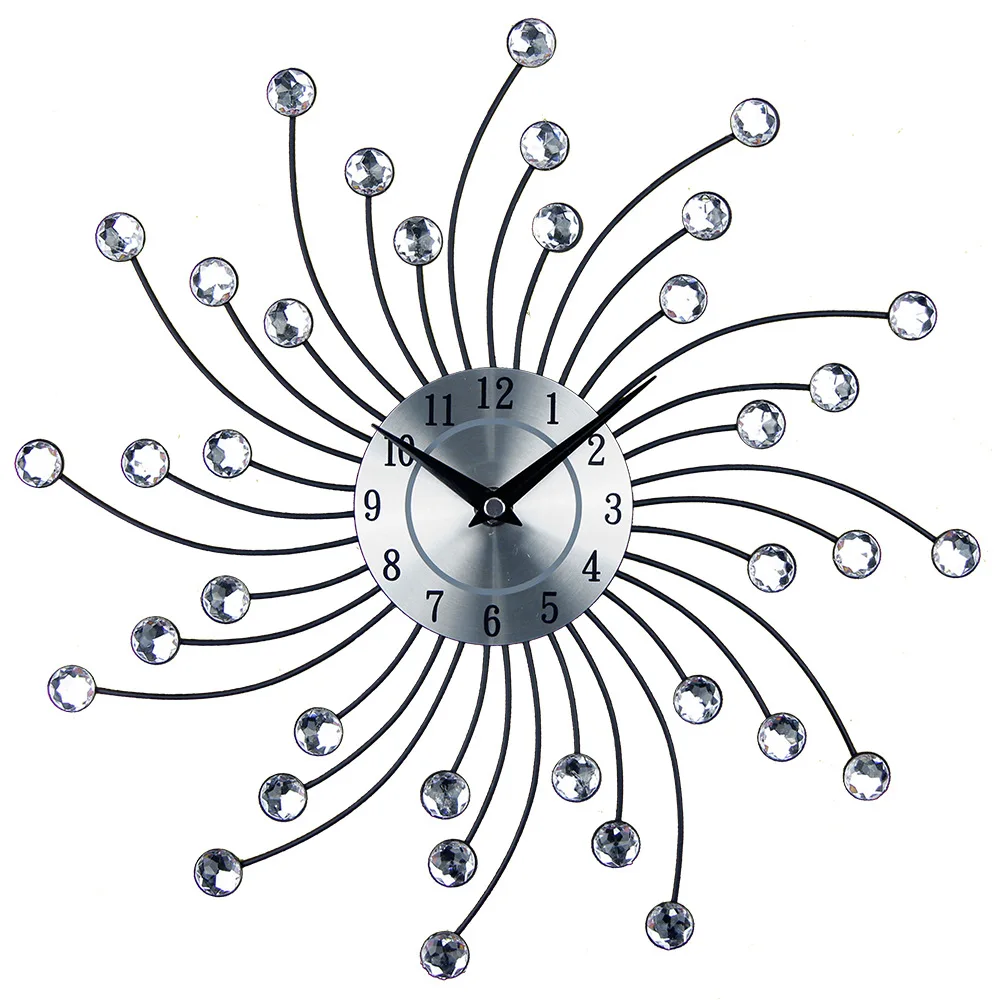 

European Luxury Clock Crystal Bead Metal Wall Clock Vintage Metal Art Decorative Diamond Big Wall Watch Home Art Decor