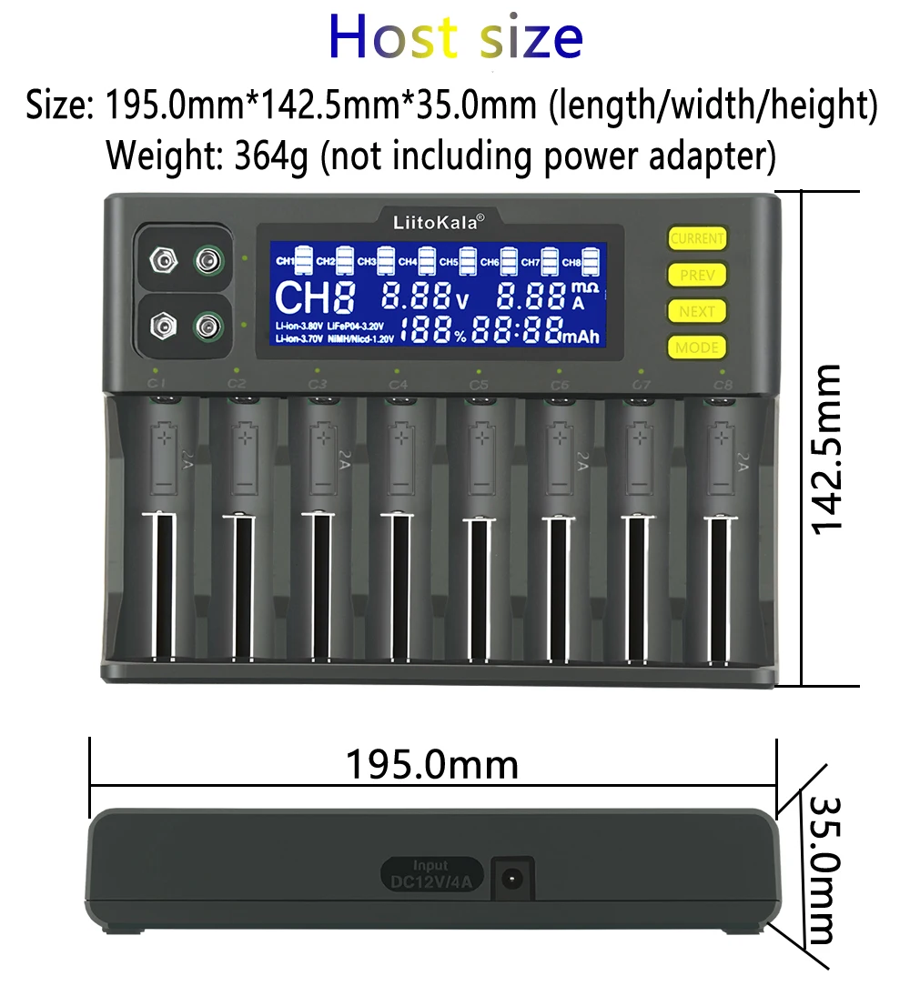 

LiitoKala Lii-S8 8 Slots LCD Battery Charger for Li-ion LiFePO4 Ni-MH Ni-Cd 9V 21700 20700 26650 18650 RCR123 18700