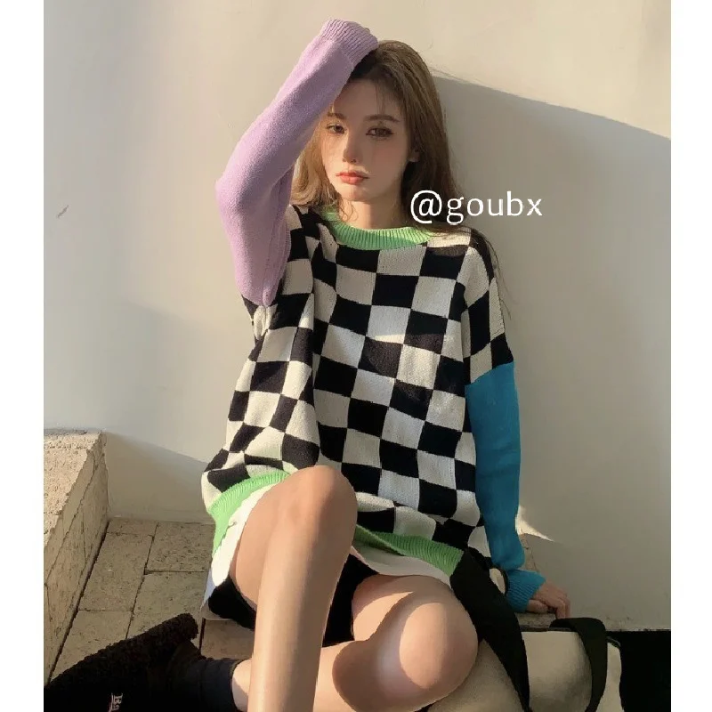 

Женский клетчатый свитер контрастных цветов с длинными рукавами и шахматным узором, модный стильный дизайн 2021