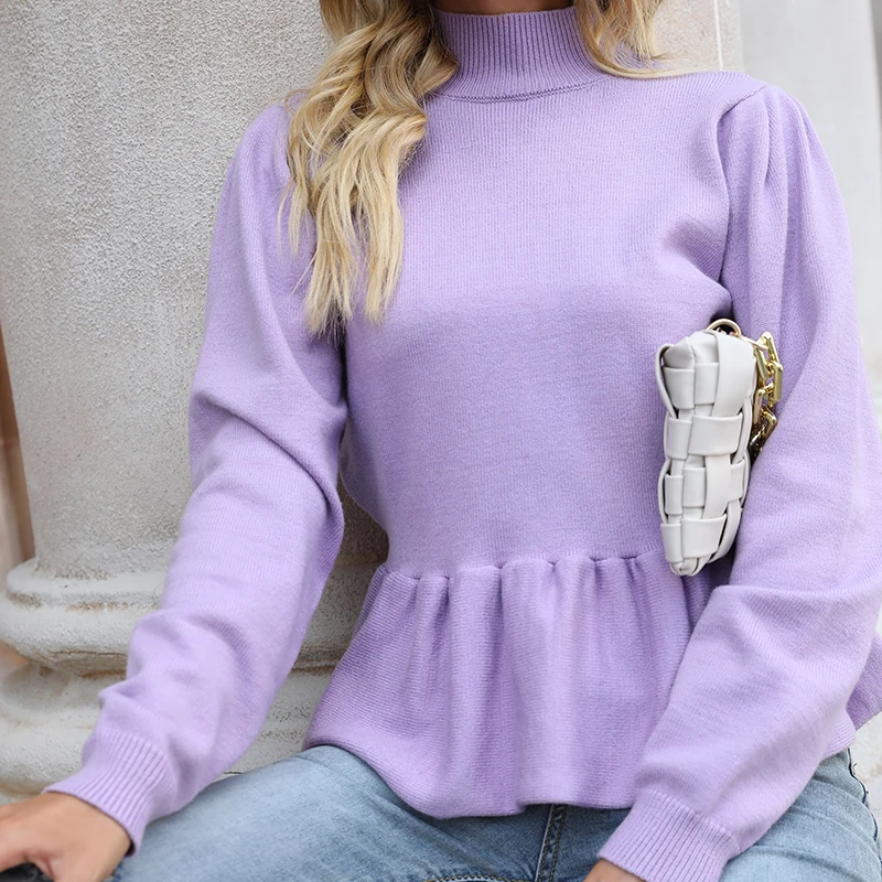 

Women Office Lady Ruffled Purple Knitted Sweater Lantern Sleeve O neck High Street Casual Pullover 2021 Winter New Fashion Tops