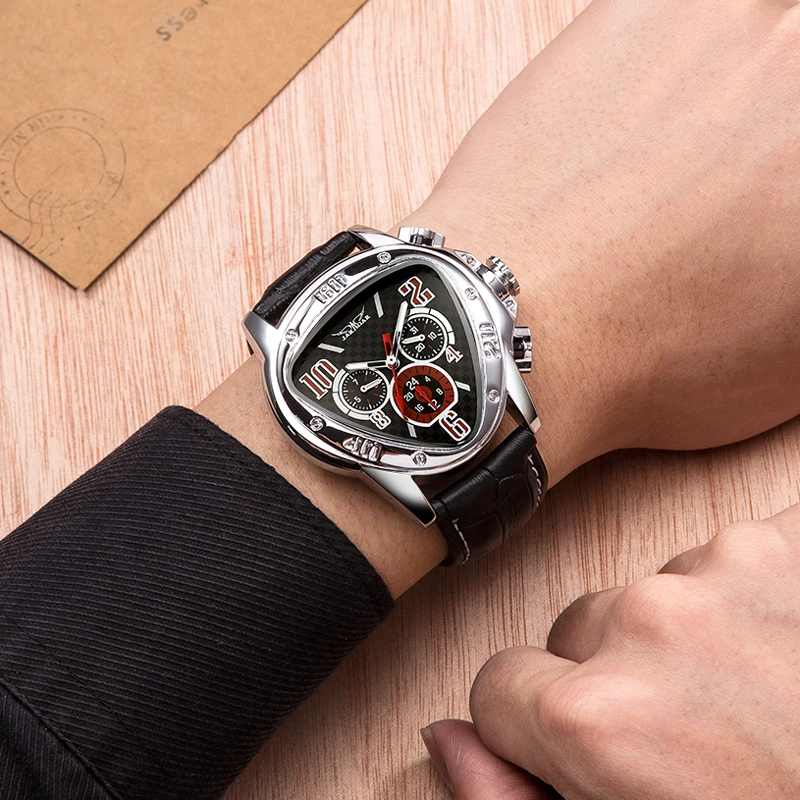 

Jaragar Men's Sport Watches Racing Design Geometric Triangle Watch Men Genuine Leather Strap Watches Male Automatic Wrist Watch
