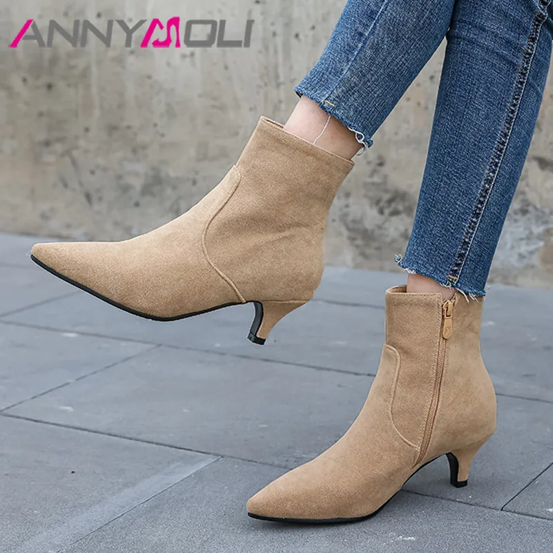 

ANNYMOLI High Heel Woman Boots Pointed Toe Short Boots Thin Heel Ankle Boots Zip Ladies Shoes Autumn Winter Black Apricot 33-46
