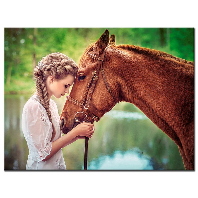 Полноразмерная 5D алмазная живопись сделай сам Лошадь и девушка 3D круглая Декор