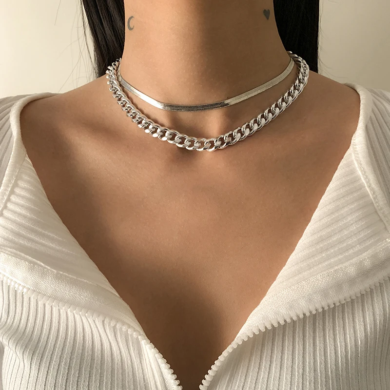 

2 Pcs Set Punk Hip Hop Blade Chain Layered Necklace Simple Alloy Chain Necklace Jewelry Woman