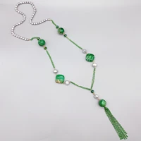 folisaunique green imperial sea sediment jasper necklace for women gray pearls chains tassel pendant trendy long stone necklace