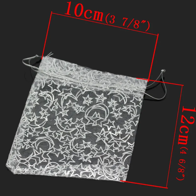 Doreen Box Organza jewelry storage bags Drawstring Rectangle White Star Moon Pattern 12cm x 10cm(4 6/8&quotx3 7/8&quot) 100 PCs | Дом и сад