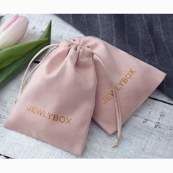 100 Personalized Logo Print Drawstring Bags Velvet Jewelry Packaging Pouches Chic Wedding Favor Bags Pink Flannel Cosmetic Bags