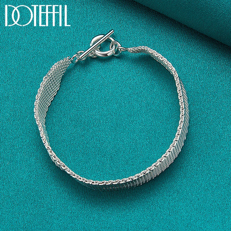 DOTEFFIL 925 Стерлинговое Серебро 18K золото Ремешок Сеть сетка цепь браслет для женщин