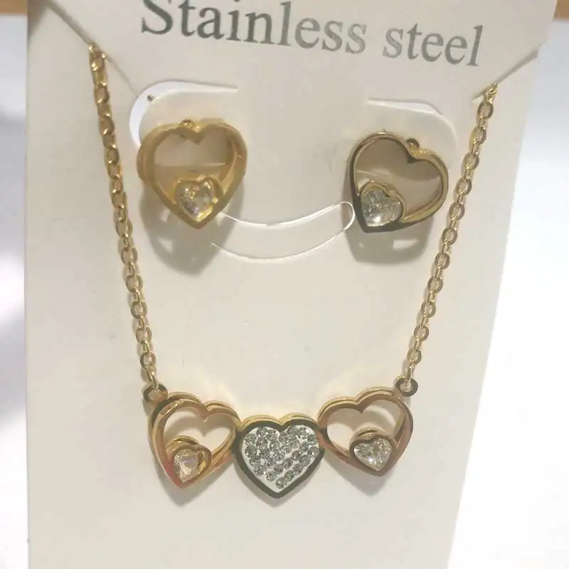 gold colour OUFEI ожерелье и серьги в форме сердца из нержавеющей стали, ювелирный набор с камнями для женщин, ювелирное изделие, модное ожерелье, подарочный набор - Окраска металла: gold colour
