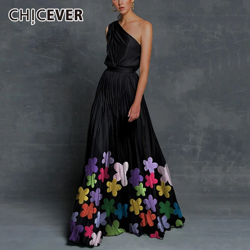 

CHICEVER Black Dress For Women Diagonal Collar Sleeveless High Waist Floor Length Print Ruched Dresses Female Clothing 2021 Tide