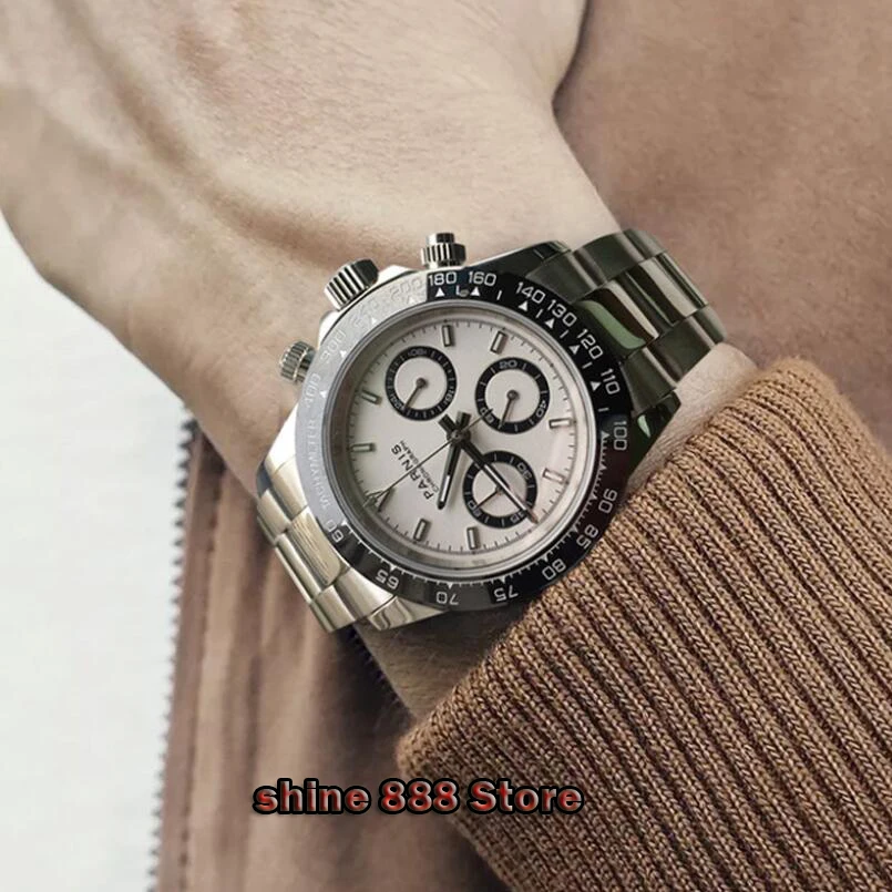 

39mm PARNIS white dial sapphire crystal solid full Chronograph quartz mens watch