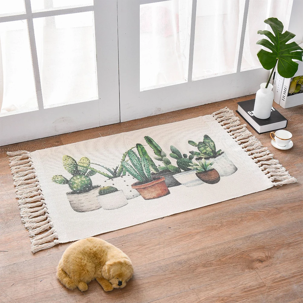 

New Small Cotton Area Rug Boho 60x90cm Hand Woven Cotton Printed Rugs with Tassels Washable Rug Runner for Living Room Bathroom