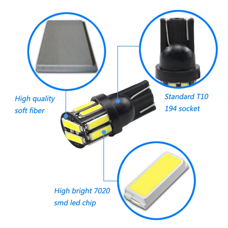 Бело-синие лампы T10 с 7020 SMD 10 светодиодное Внутреннее освещение 194 168 W5W лампа