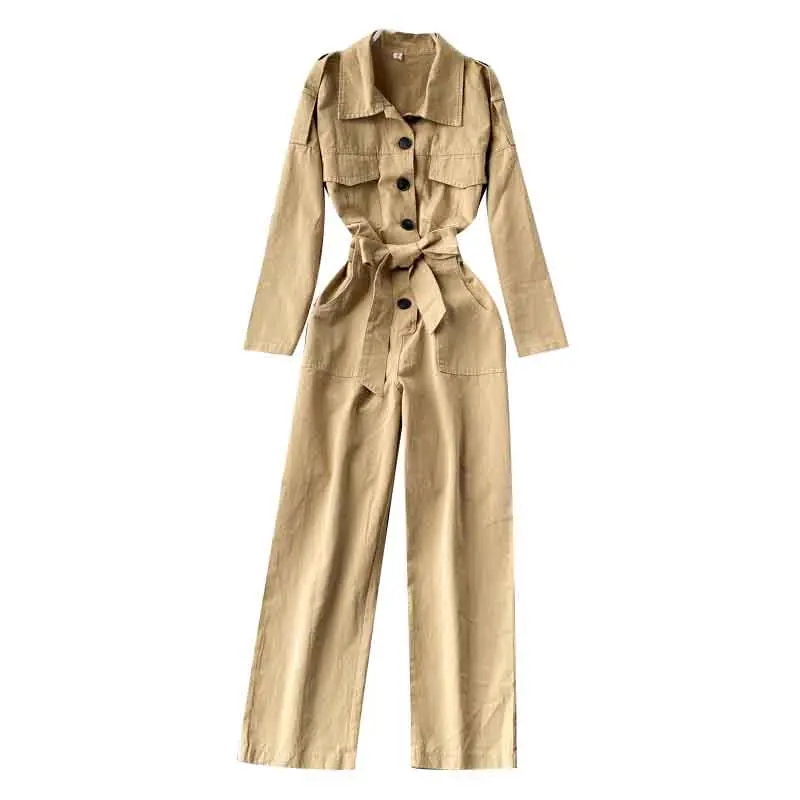 

Spring Autumn Women's Jumpsuit Turndown Collar Long Sleeve Bandage Solid Buttons Zipper Straight Pants Street Wear Overalls