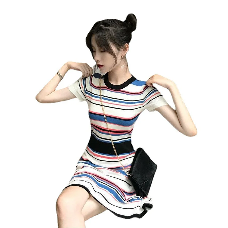 

2021 Spring And Summer New Women's Dress Short-Sleeved Striped Round Neck Bottoming A-Line Skirt Korean Slim Fit Hip Skirt