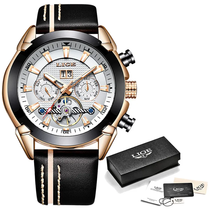 

New LIGE Fashion Watch Men Top Brand Luxury Automatic Mechanical Watch Casual Sport Waterproof Men Watches+Box Relogio Masculino