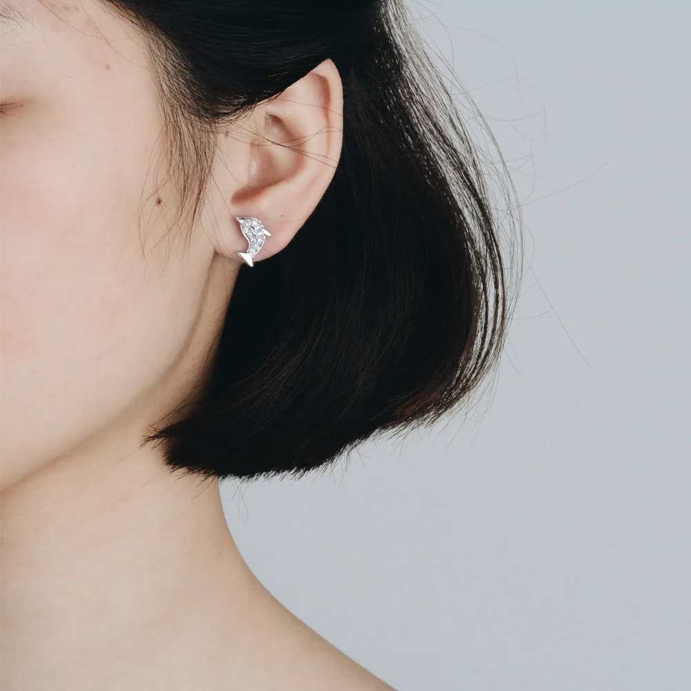 

Korea Cute White Zircon Dolphin Stud Earrings Exquisite Crystal Silver Color Earrings Daily Jewelry Valentine's Day Gift