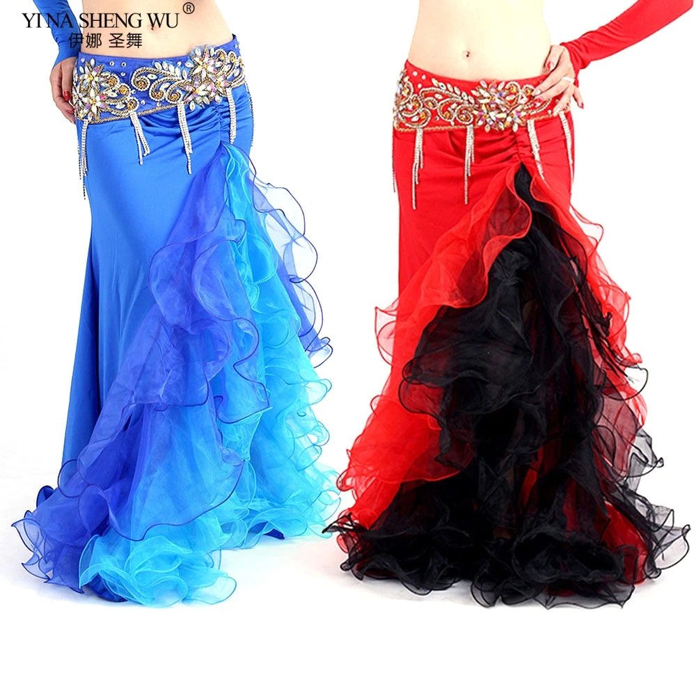 

Bellydance/костюм; Цветная юбка с разрезом сбоку; Платье с двойной юбкой; Длинная юбка с оборками для танцев; Одежда для сцены